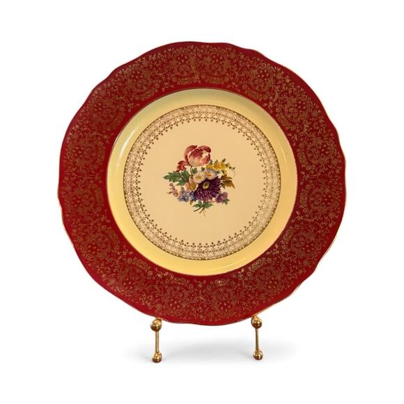 Vintage Steubenville Porcelain Dinner Plate – Floral Center, Red, Pattern #2049 - Picture 2 of 11